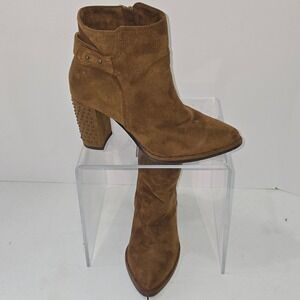 Carolina Boix Brown Faux Suede Studded Block Heel‎ Ankle Boots Size 38 60553